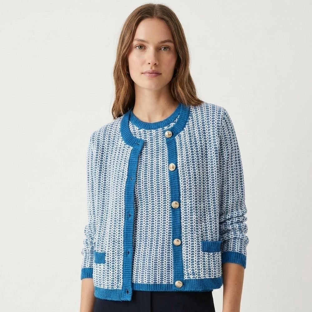 Ann Taylor Textured Knit Cardigan Tank Set Blue White Gold Button Lady Jacket M